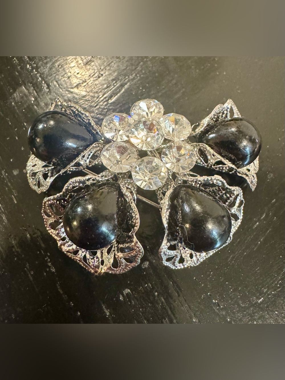 Vintage Filigree Butterfly Brooch Pin • Black Cabochon & Rhinestones